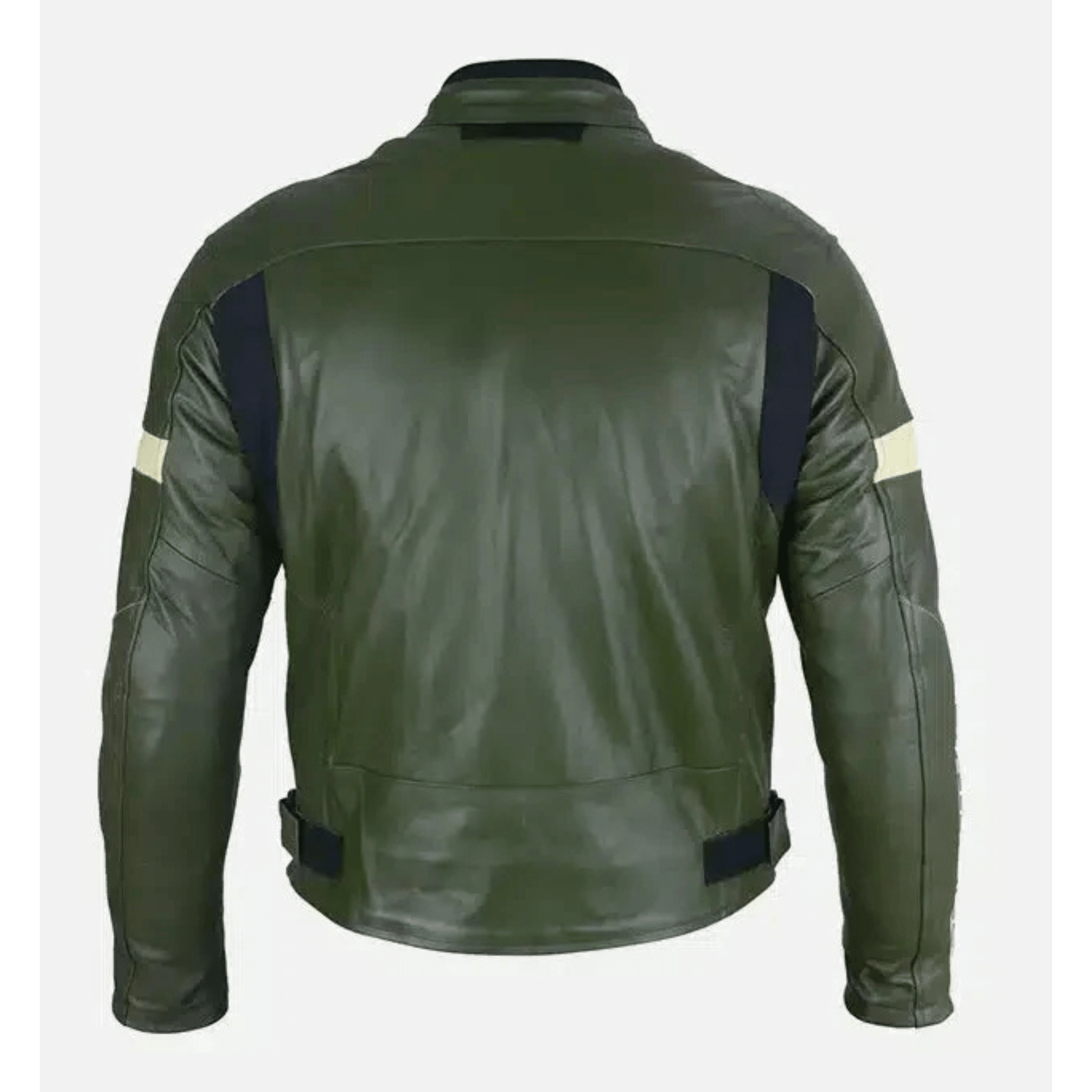 mens dark green leather biker jacket back view classic motorcycle style