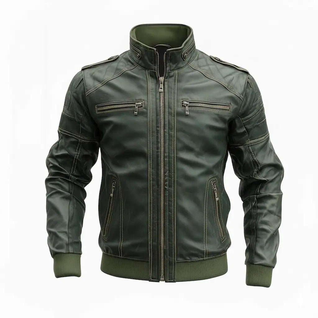 mens dark green leather motorcycle jacket front view genuine sheepskin biker style