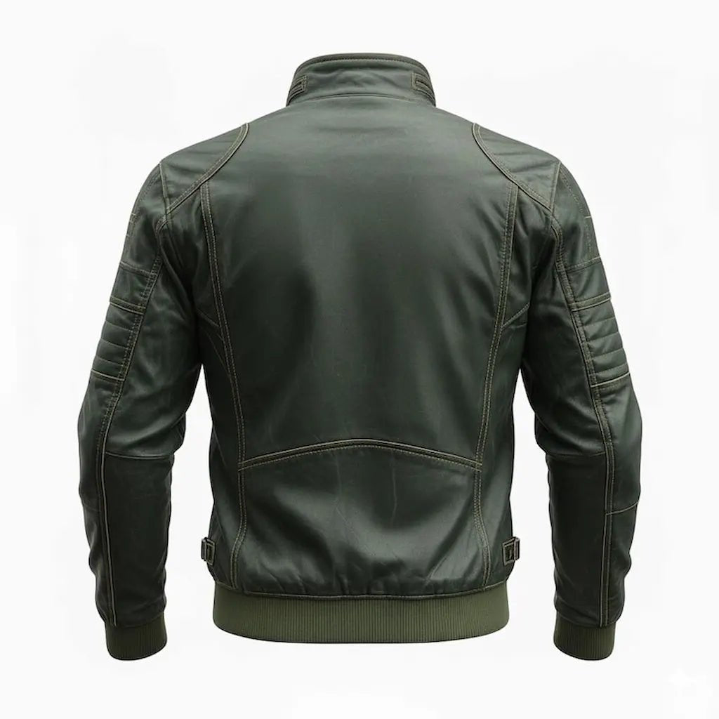 mens dark green leather motorcycle jacket back view classic biker design
