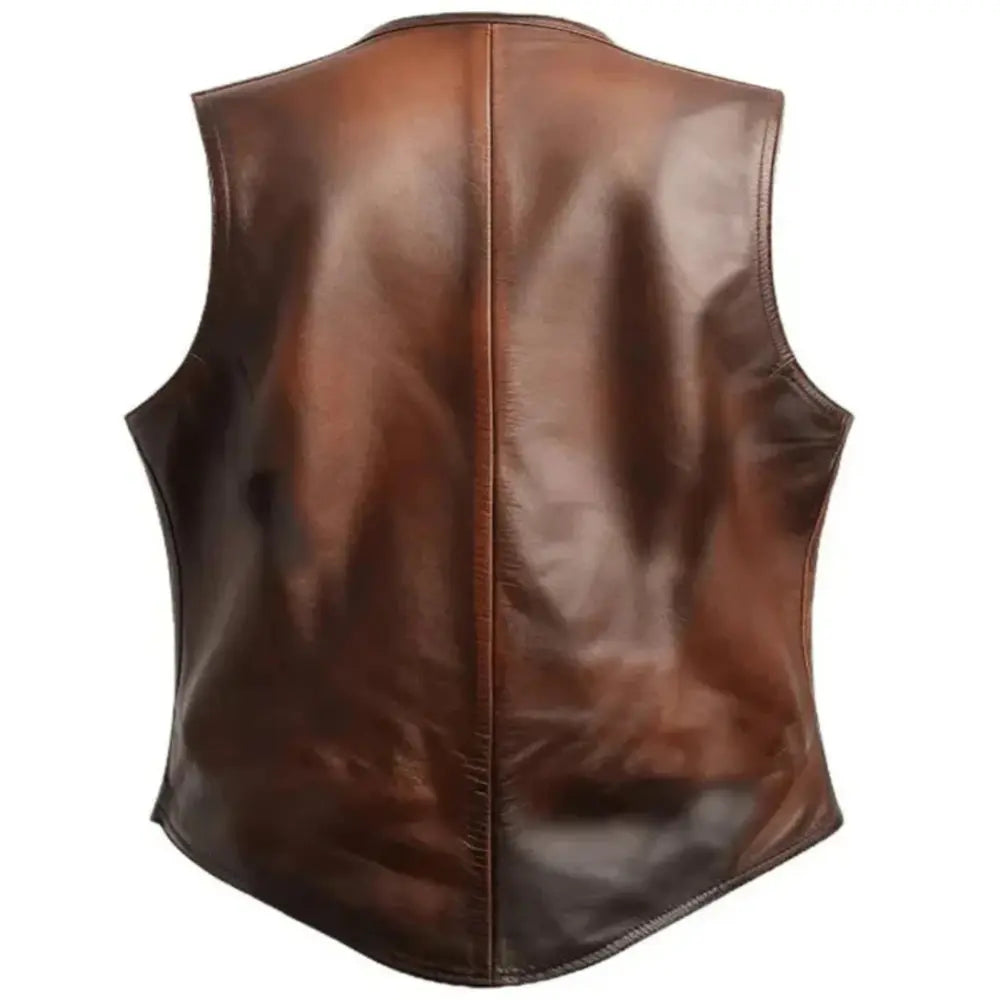 Mens distressed brown leather vest back view classic biker design genuine leather vintage look