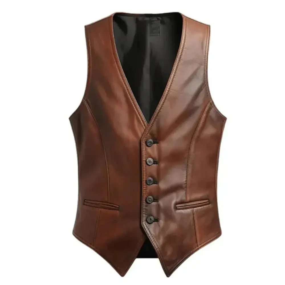 Mens distressed brown leather vest front view genuine leather biker style with vintage rugged finish
