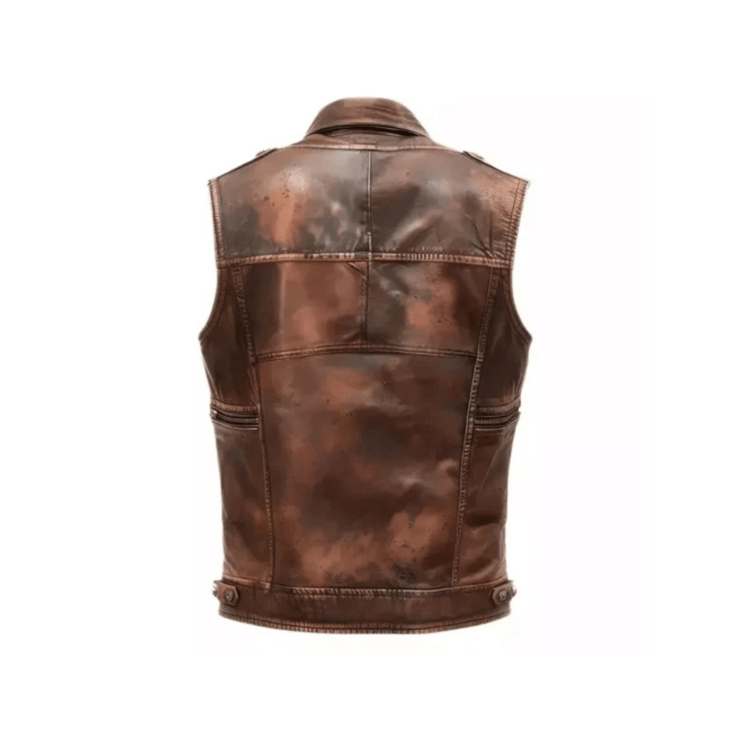 mens brown distressed leather vest back view classic rugged design