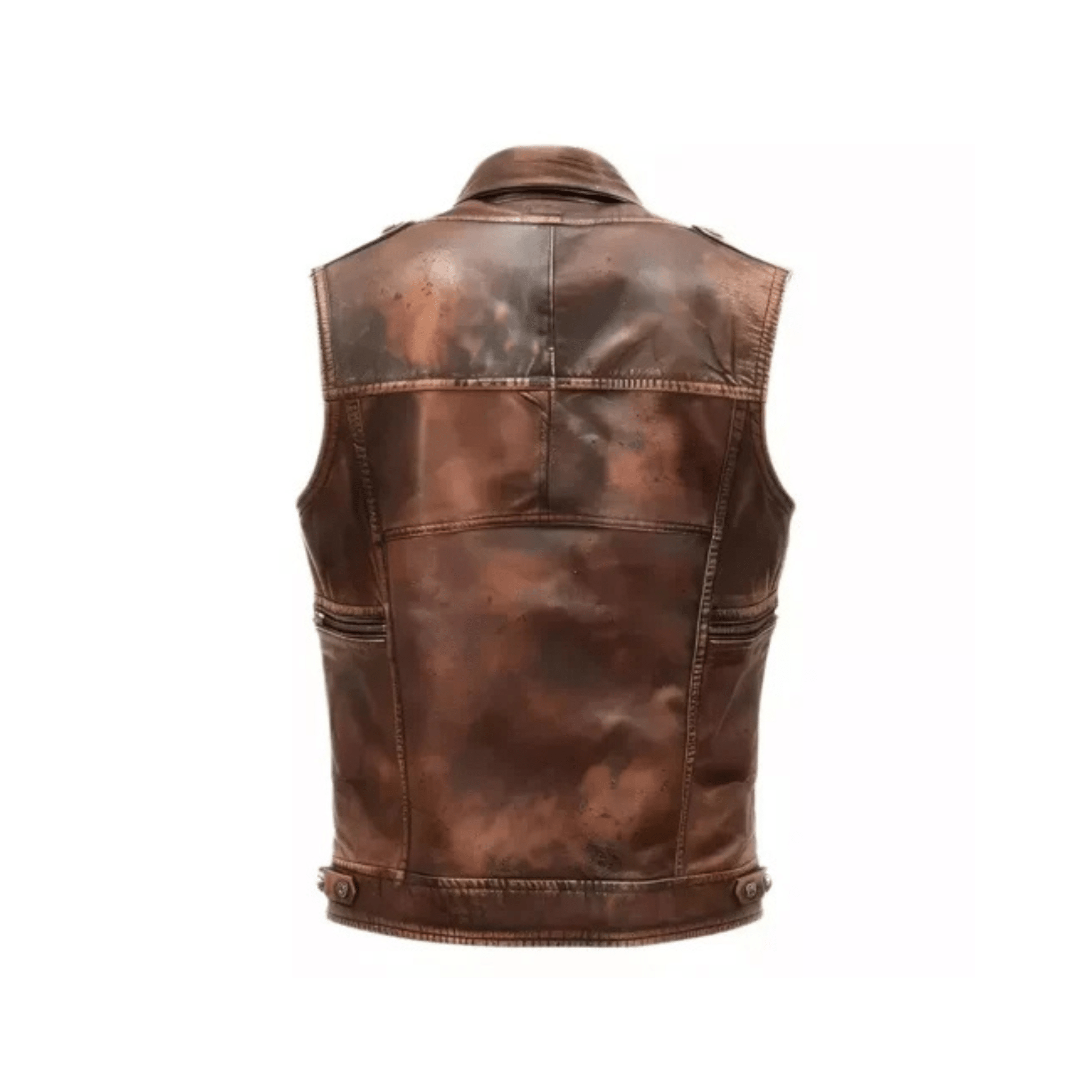 mens brown distressed leather vest back view classic rugged design