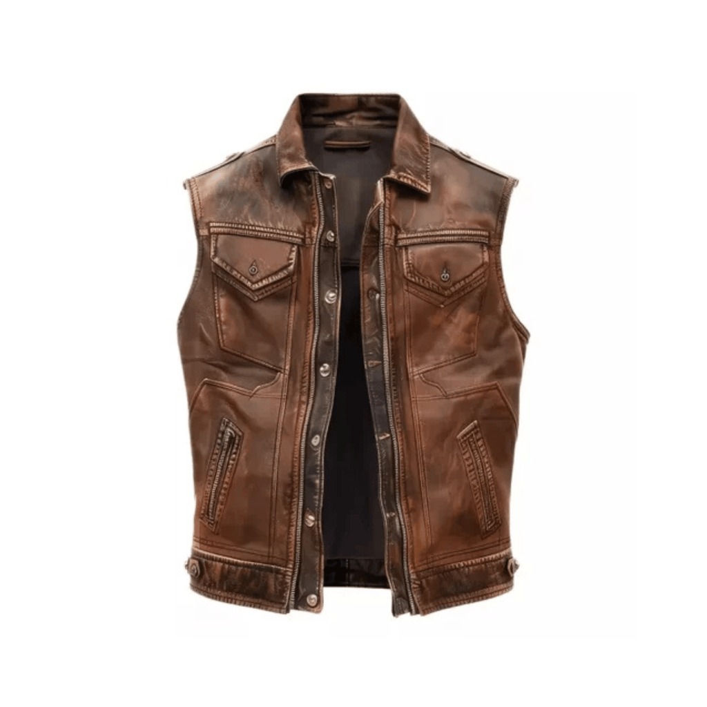 mens distressed brown leather vest front view full grain vintage style
