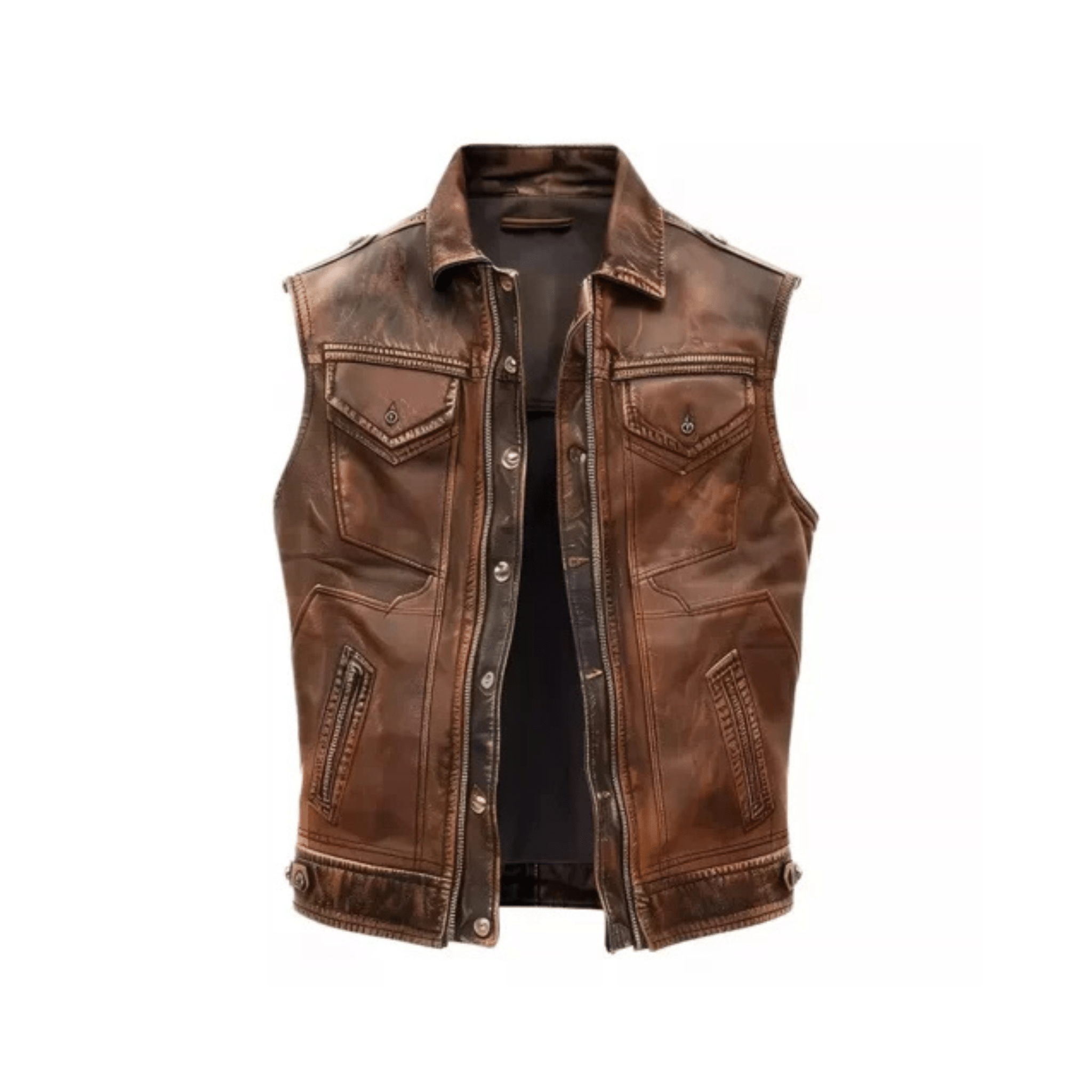 mens distressed brown leather vest front view full grain vintage style
