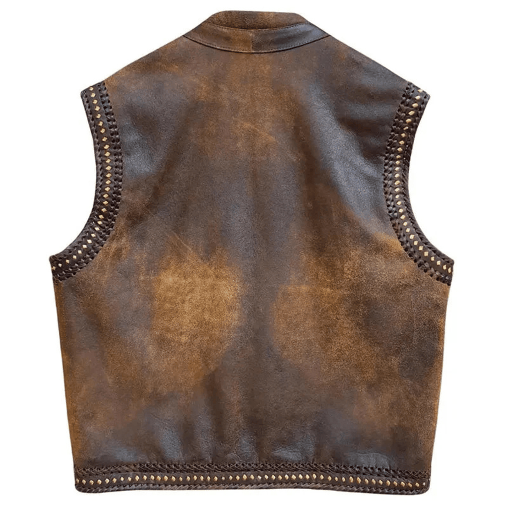 mens distressed brown leather biker vest  back view