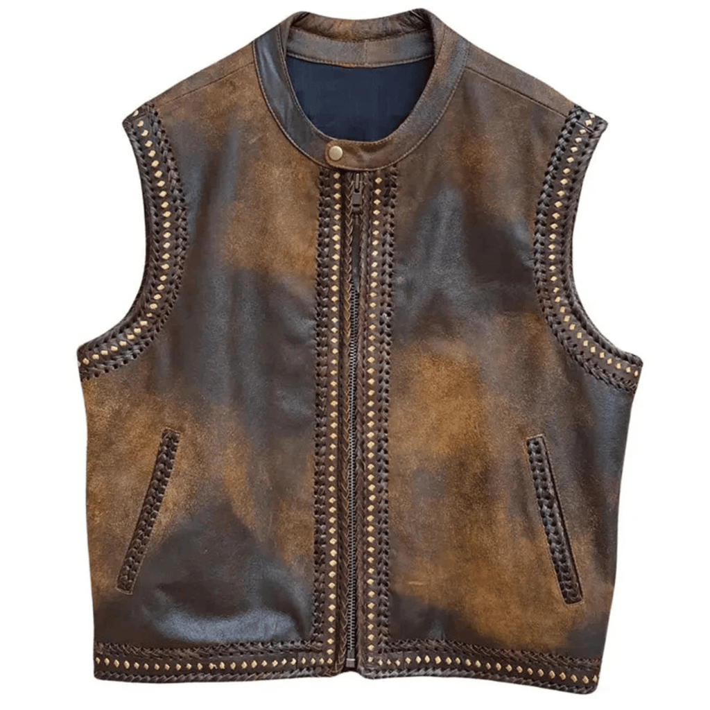 mens distressed brown leather biker vest front view