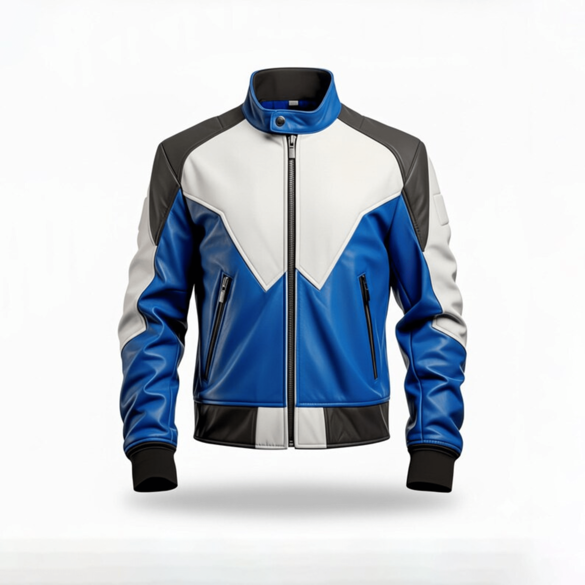 mens slim fit leather jacket white blue striped biker front view