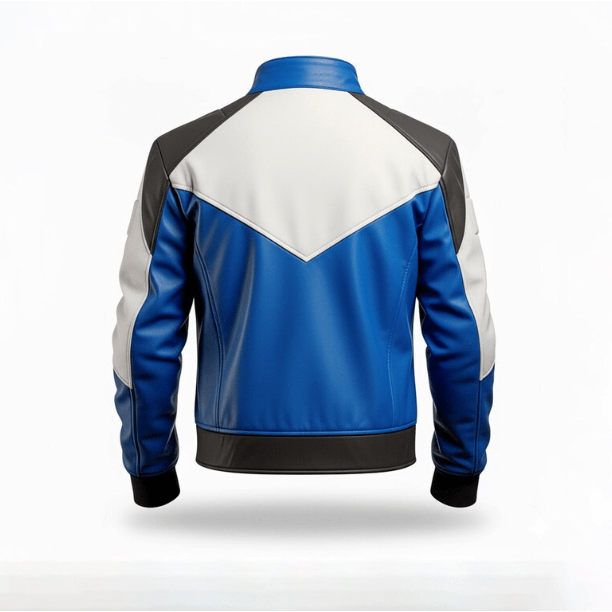mens slim fit leather jacket white blue biker back side view