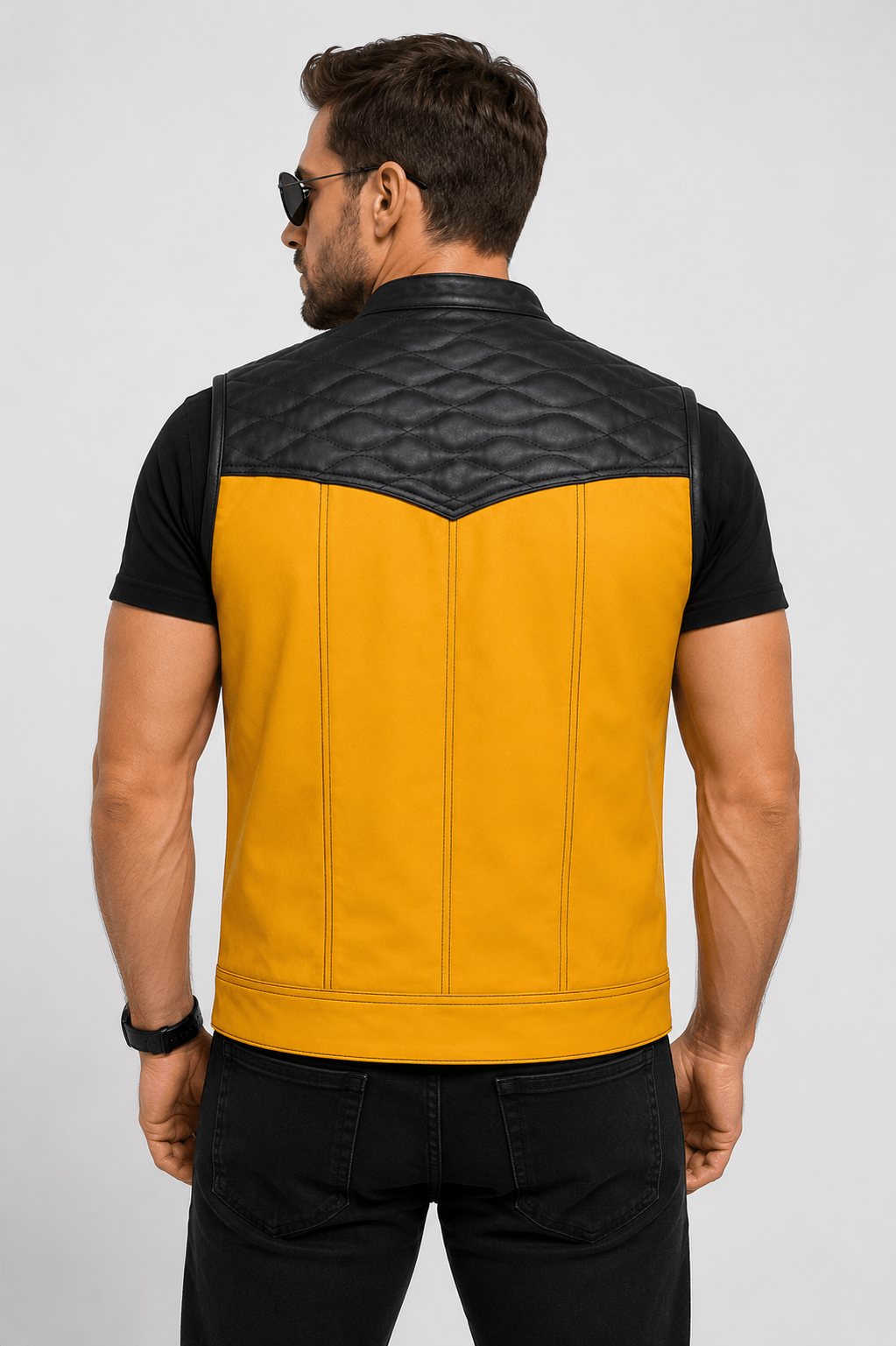 Men's Genuine Cowhide Premium Leather Motorcycle Biker Vest with Yellow Braid back view