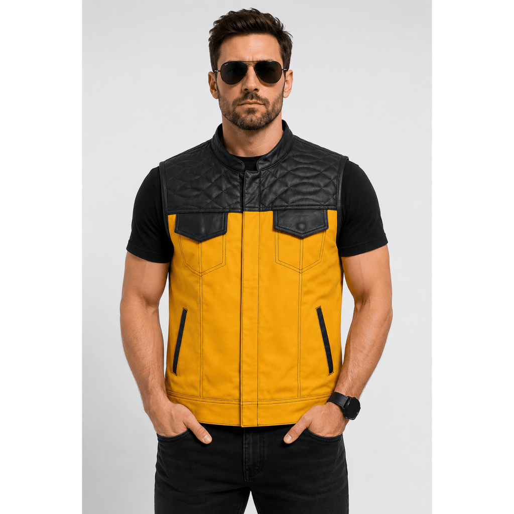 Men's Genuine Cowhide Premium Leather Motorcycle Biker Vest with Yellow Braid  front view