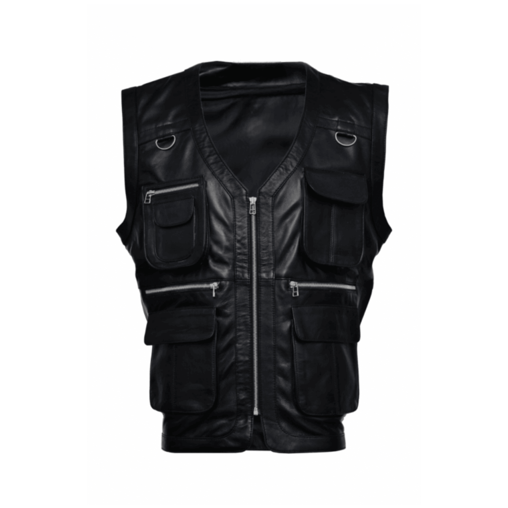 mens hunter valley black leather vest front view genuine sheepskin biker style