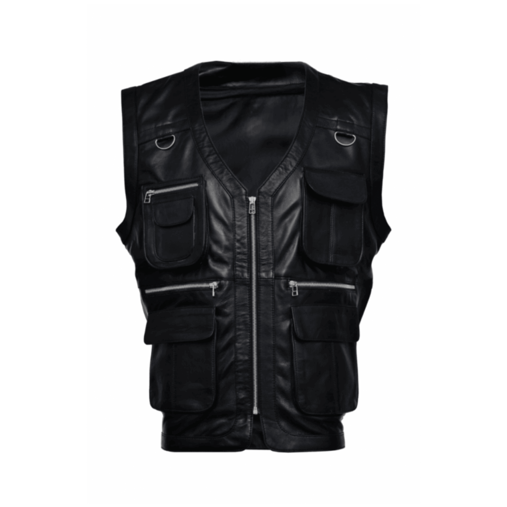 mens hunter valley black leather vest front view genuine sheepskin biker style