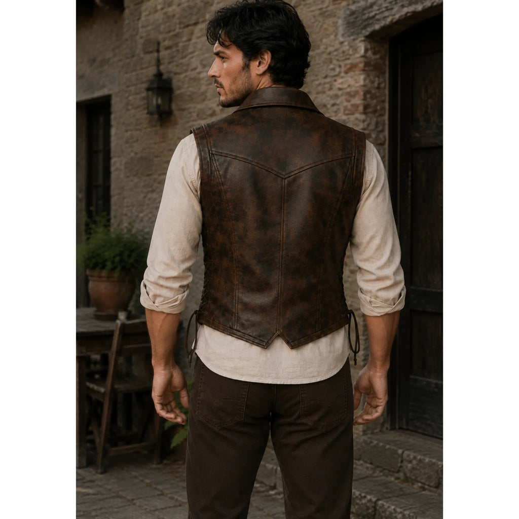 Mens Lace-Up Leather Vest back view