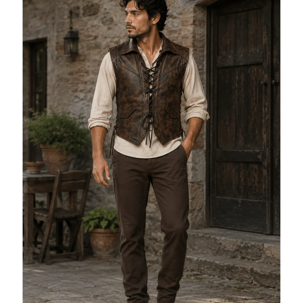 Mens Lace-Up Leather Vest side view