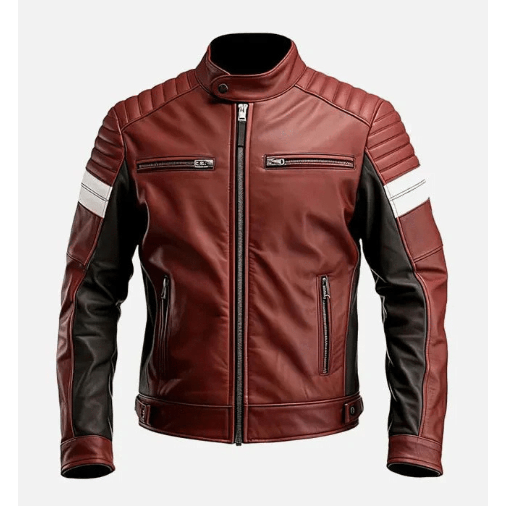 mens maroon brown moto biker leather jacket slim fit front view with zipper design