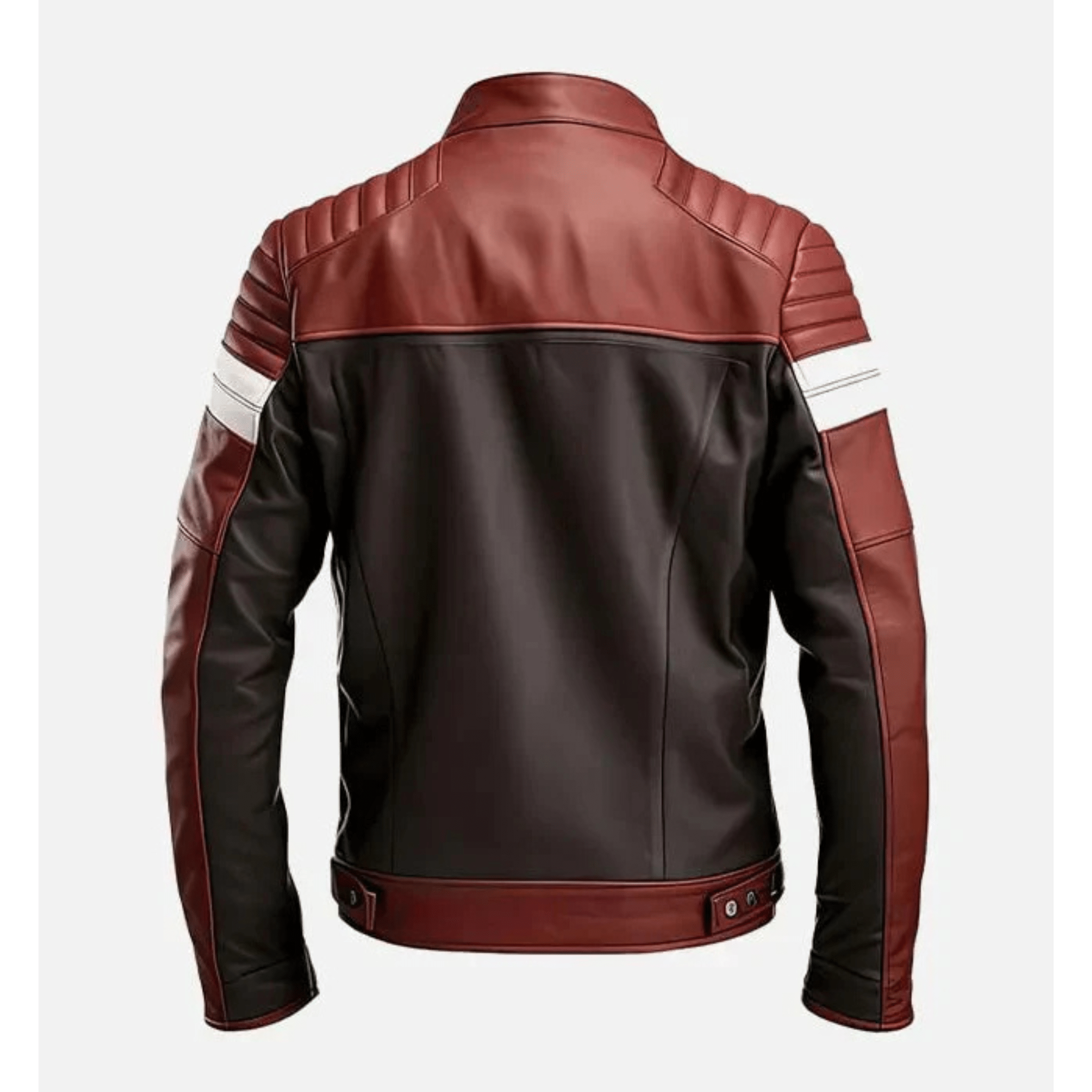 mens maroon brown leather jacket biker style back view clean panel design