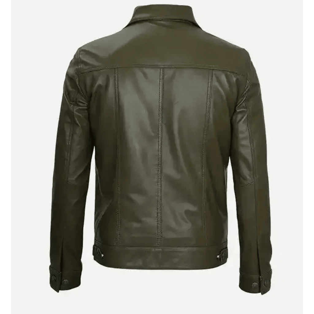 mens olive green leather trucker jacket back view structured trucker style