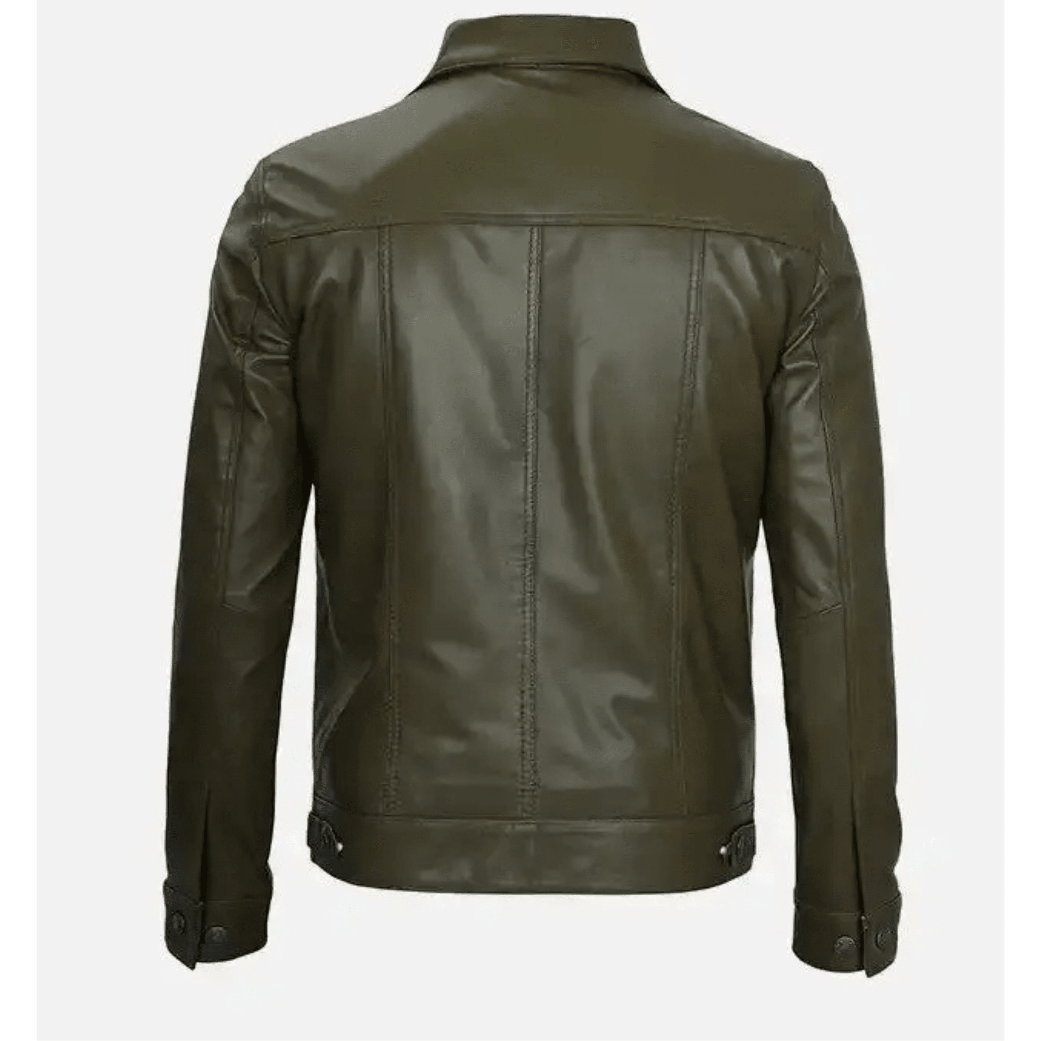 mens olive green leather trucker jacket back view structured trucker style