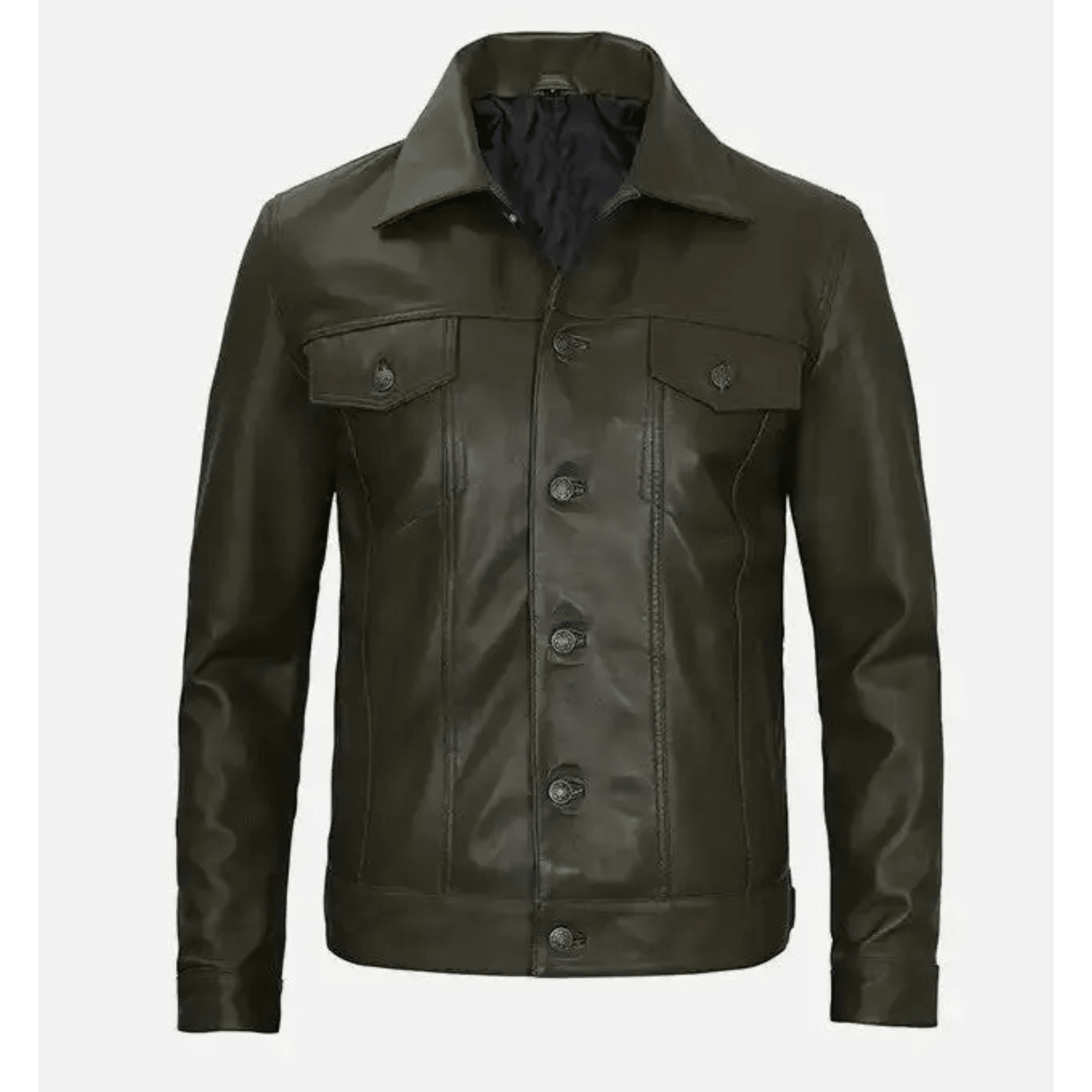 mens olive green leather trucker jacket genuine sheepskin front view classic design