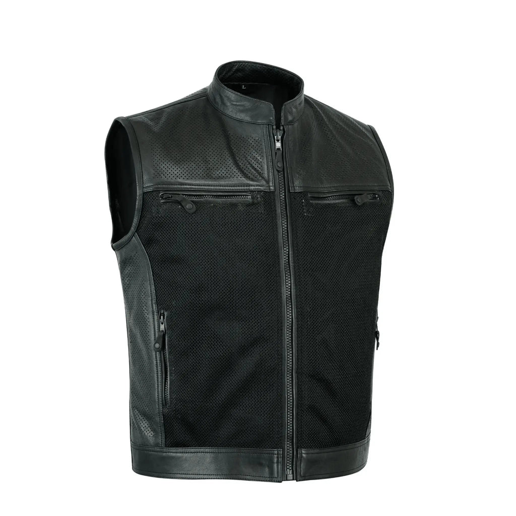 Men's Perforated Biker Leather Vest front view
