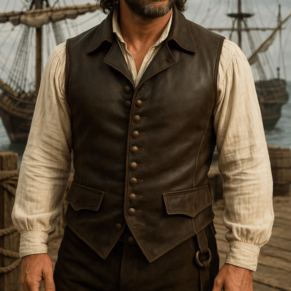 captain jack sparrow pirate leather vest model front view
