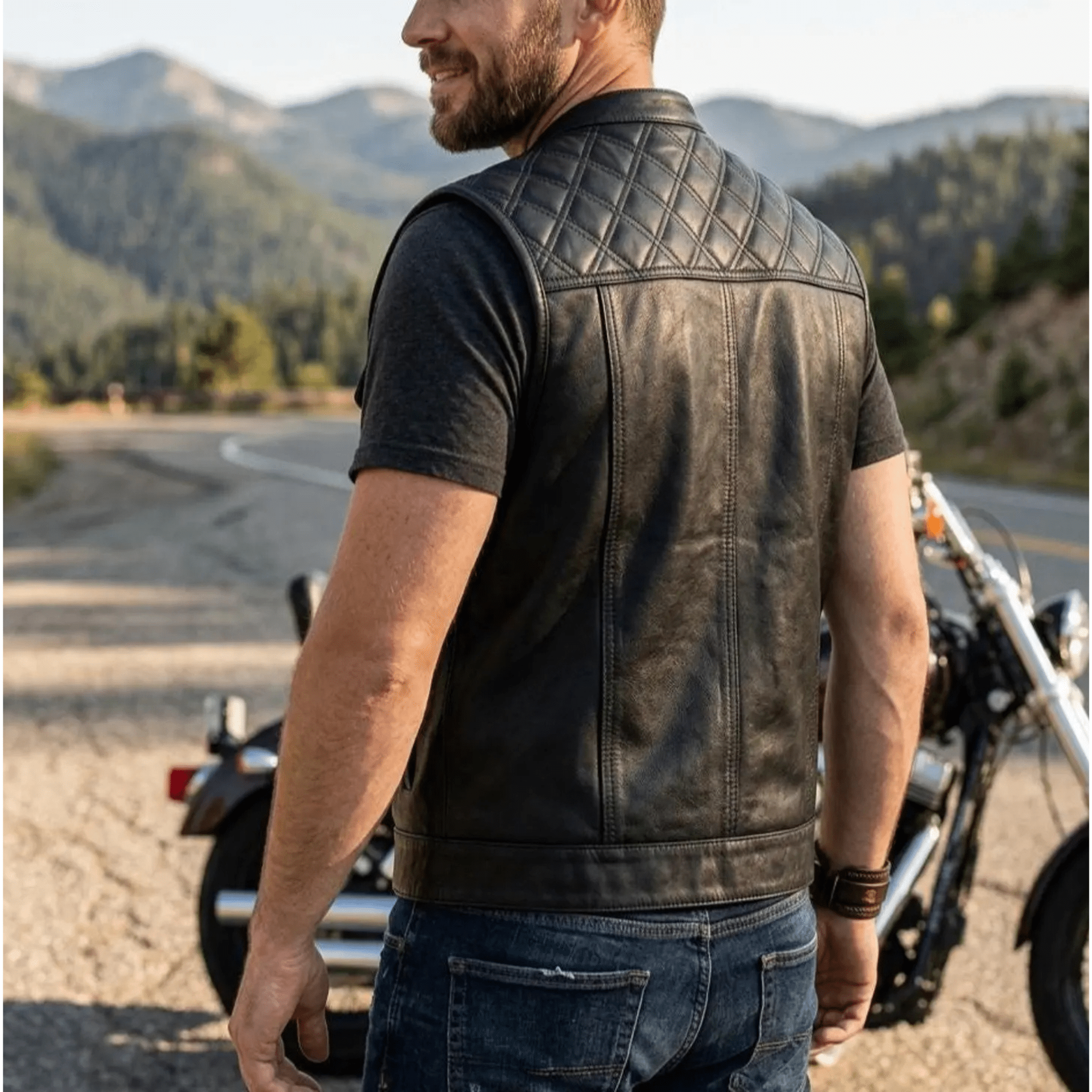 Mens Quilted Black Leather Biker Vest – Belted Fit - The Leather Syndicate