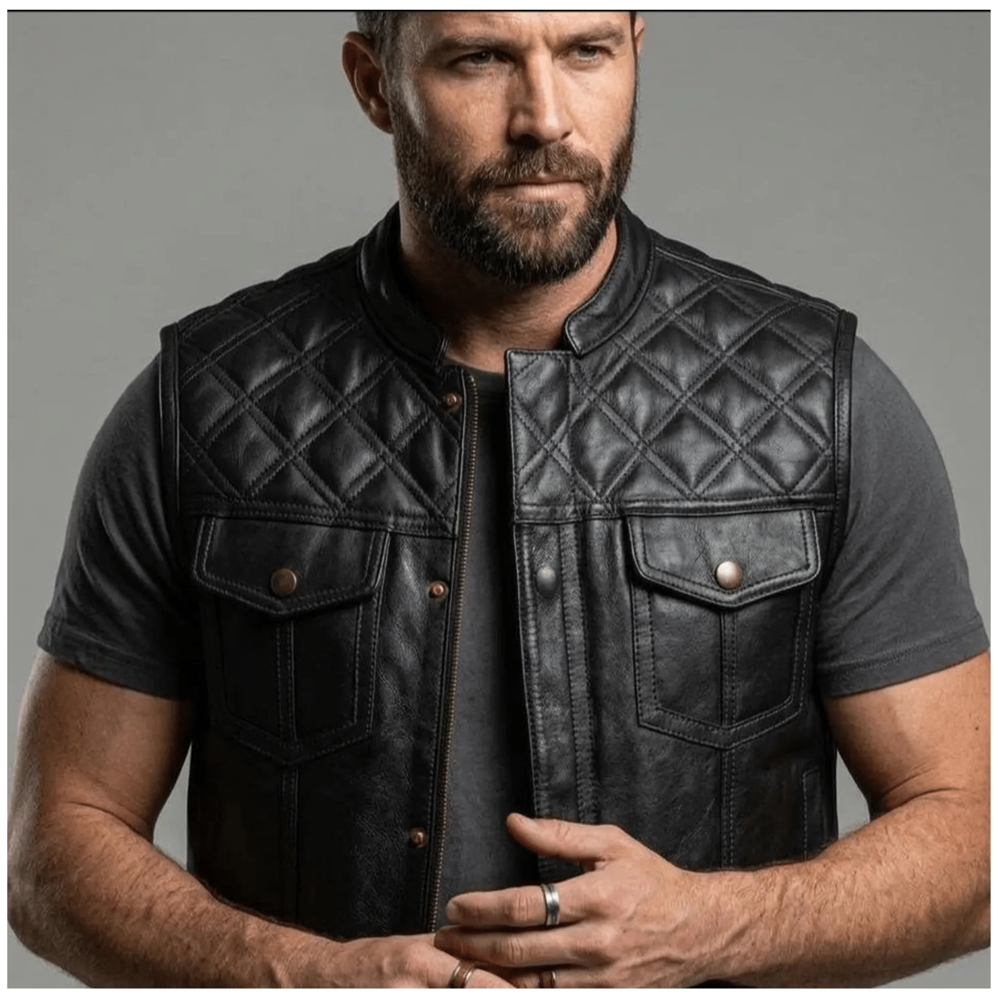 Mens Quilted Black Leather Biker Vest – Belted Fit - The Leather Syndicate