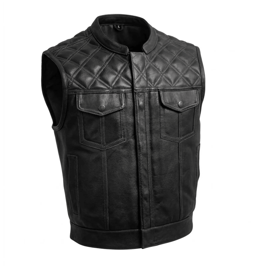 Mens Quilted Black Leather Biker Vest – Belted Fit - The Leather Syndicate