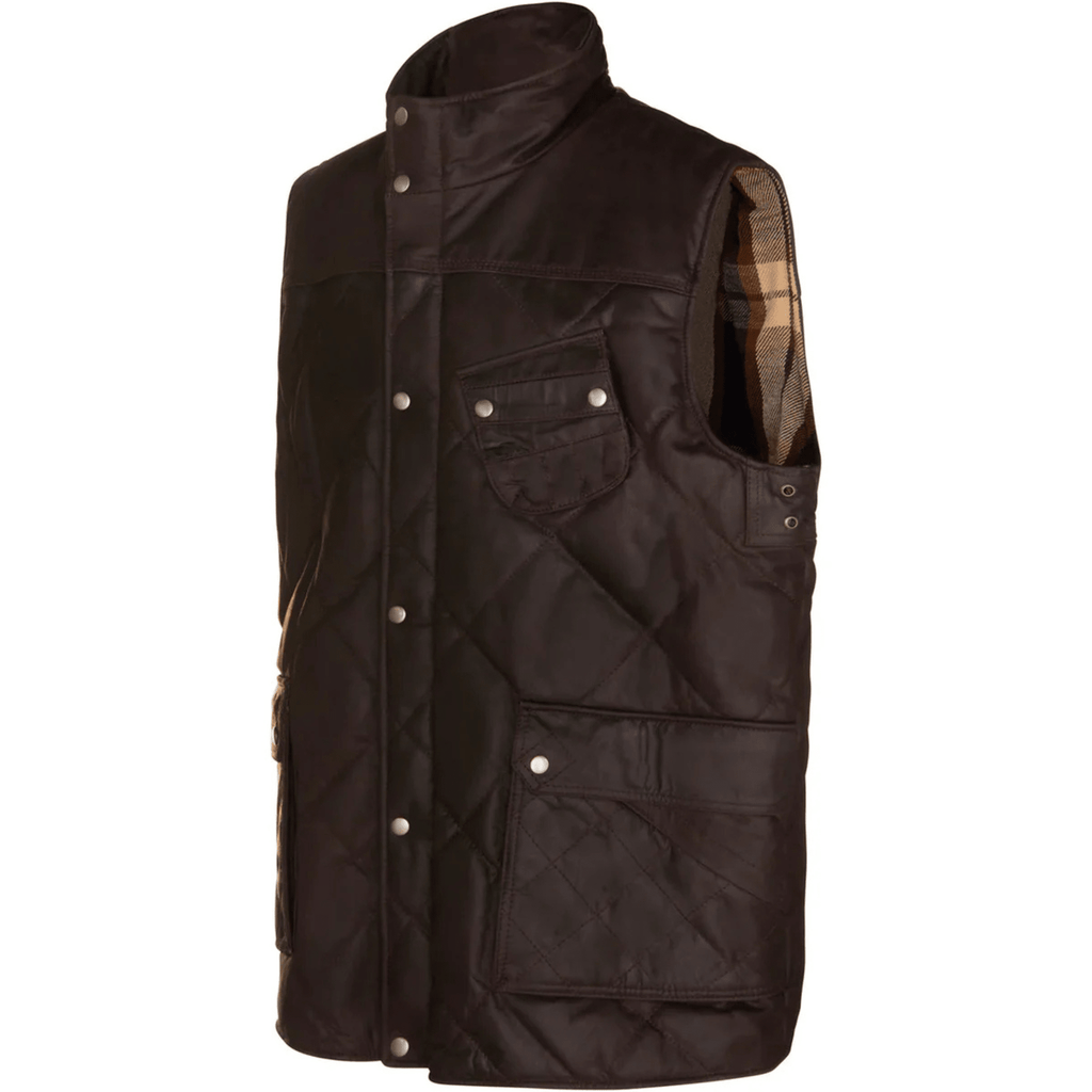 mens quilted brown leather vest front view