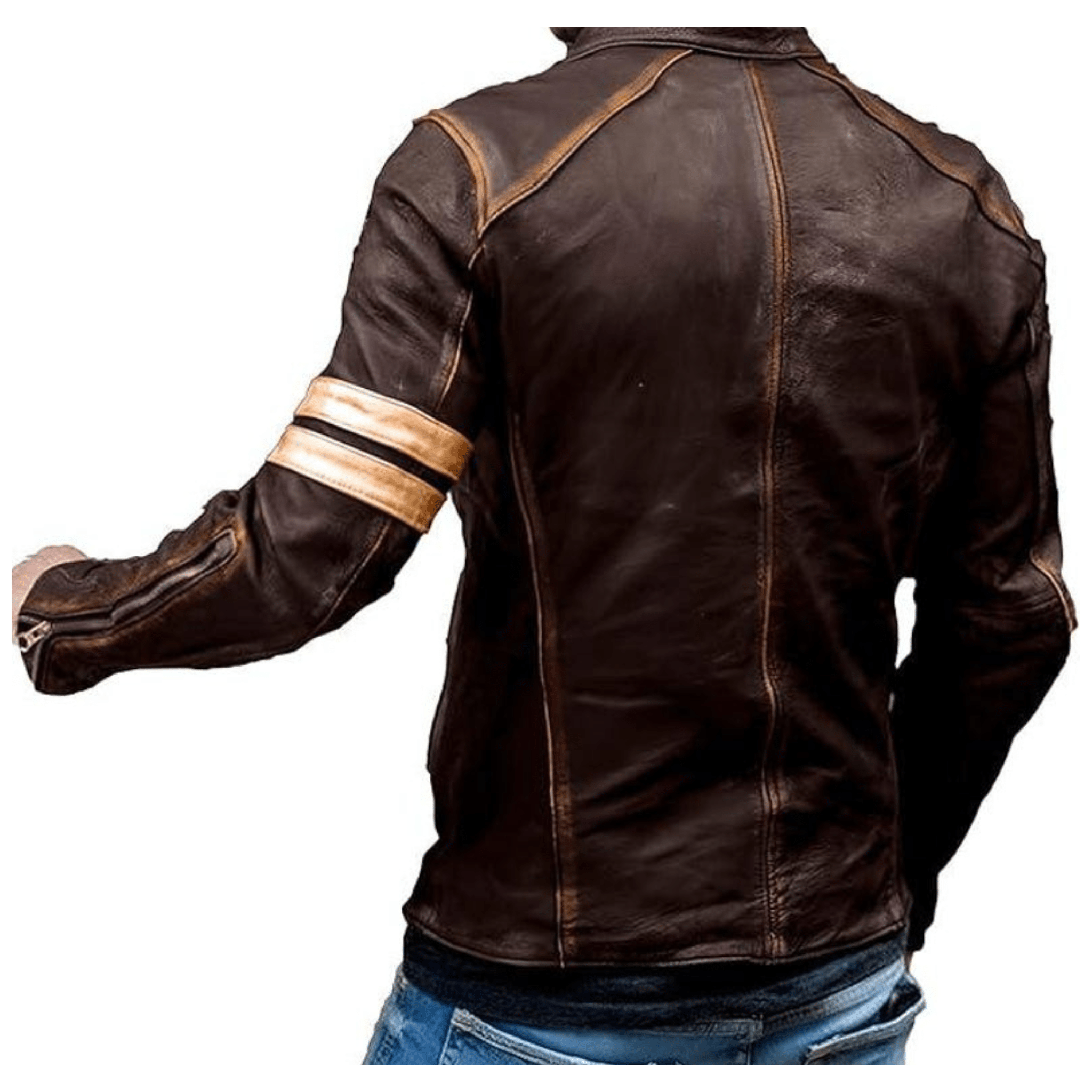 mens real leather biker jacket distressed lambskin slim fit moto back view showing vintage panel design