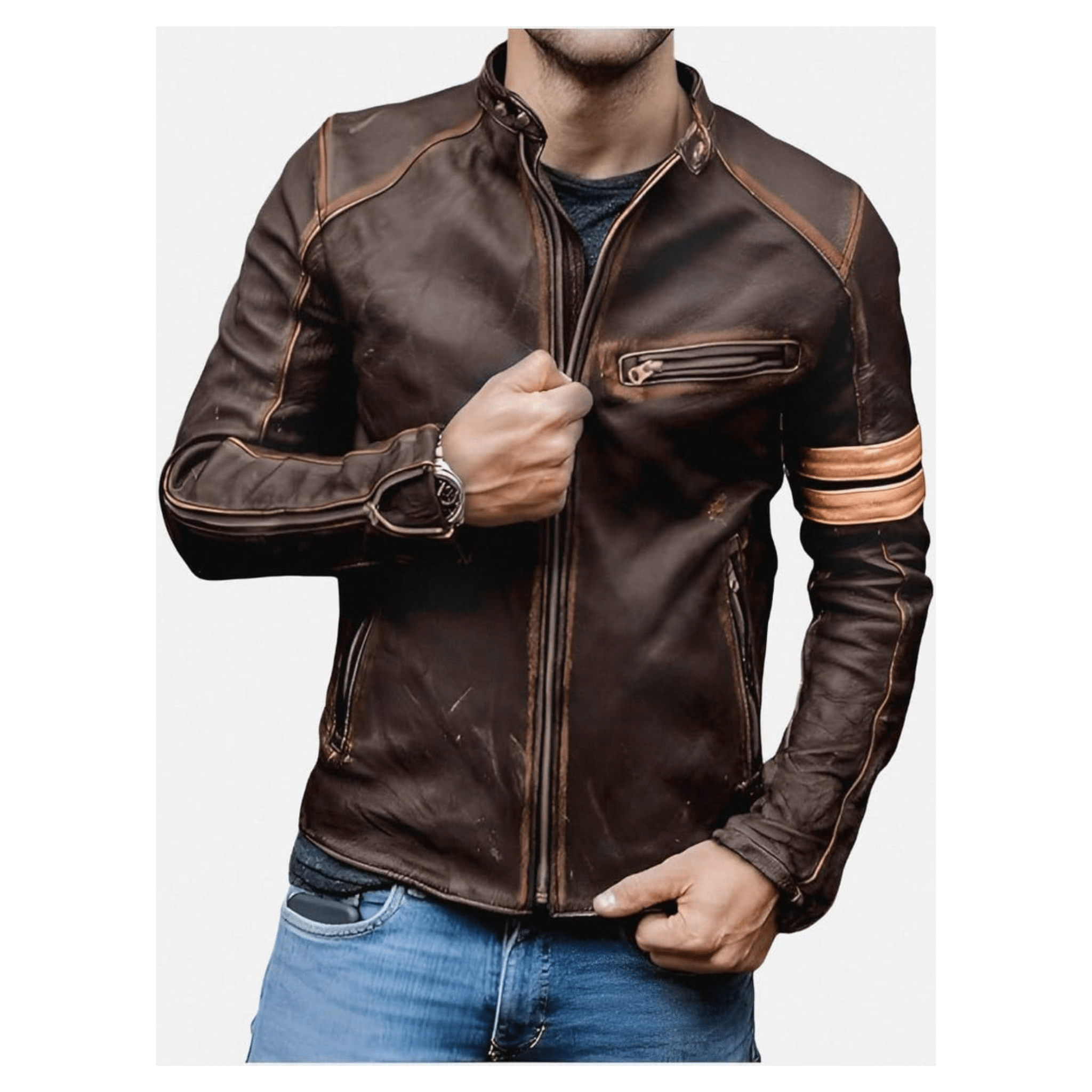 mens real leather biker jacket distressed lambskin slim fit moto front view with stand collar and YKK zipper