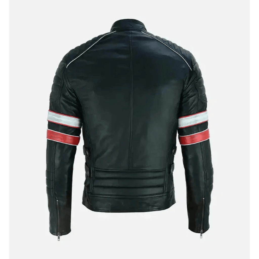 mens red white striped cafe racer leather jacket back design