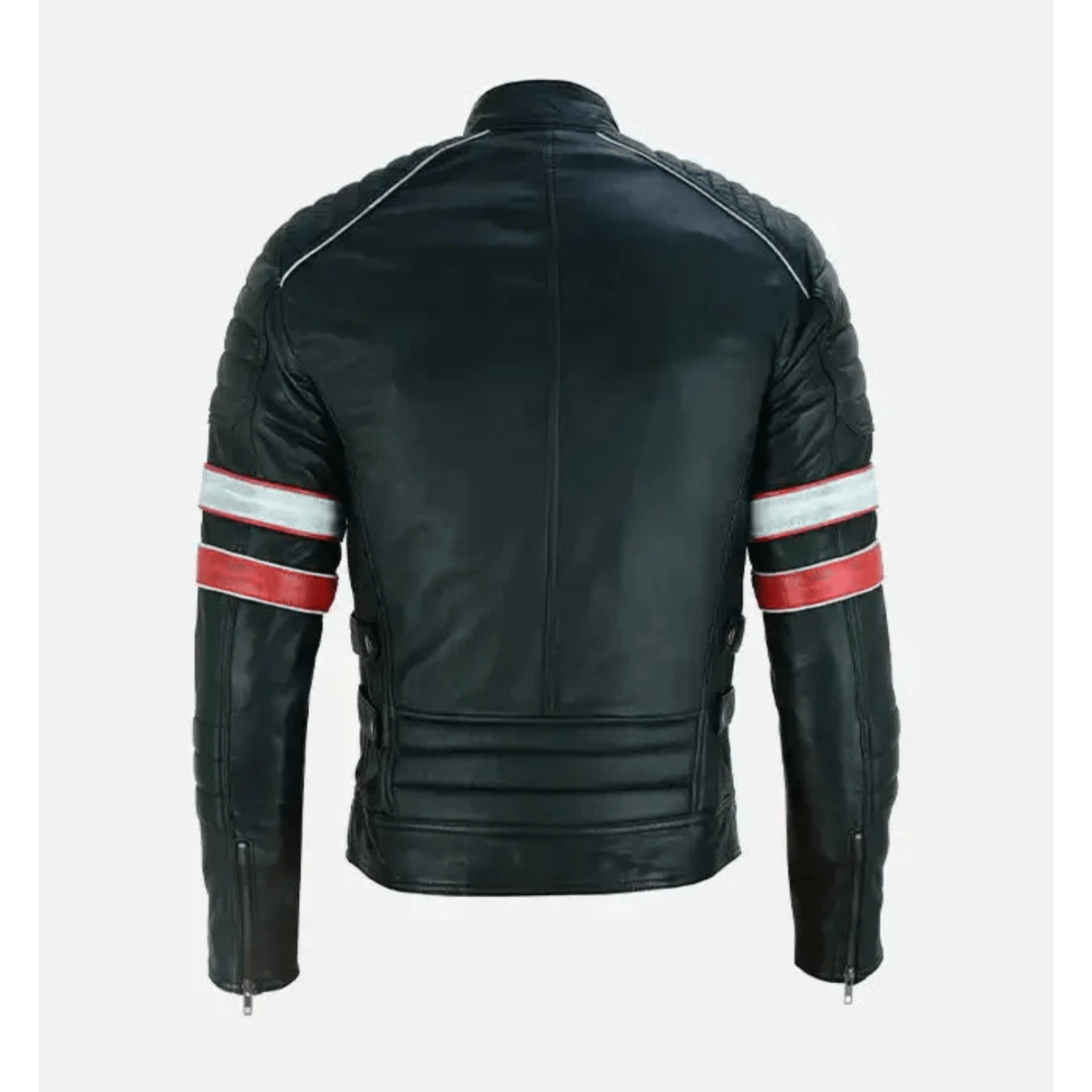 mens red white striped cafe racer leather jacket back design