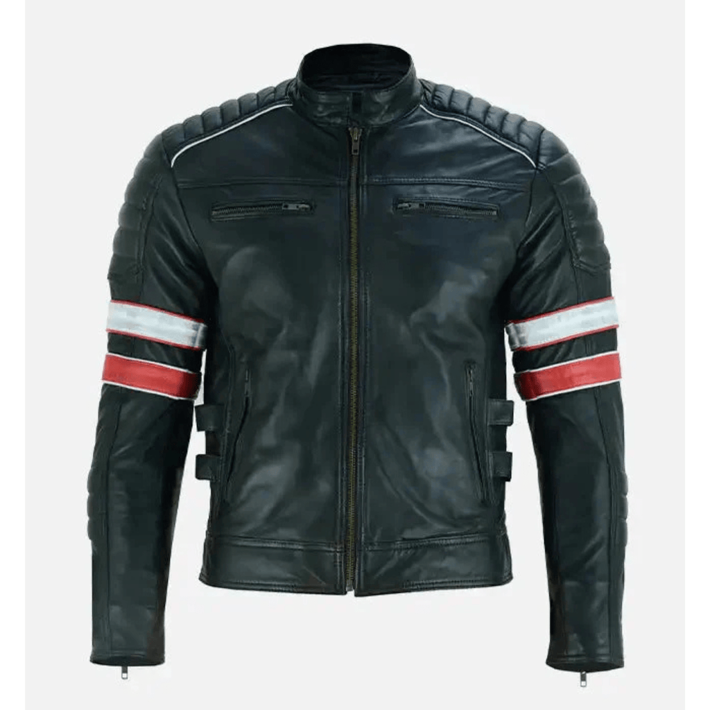 mens red white striped cafe racer leather jacket front view