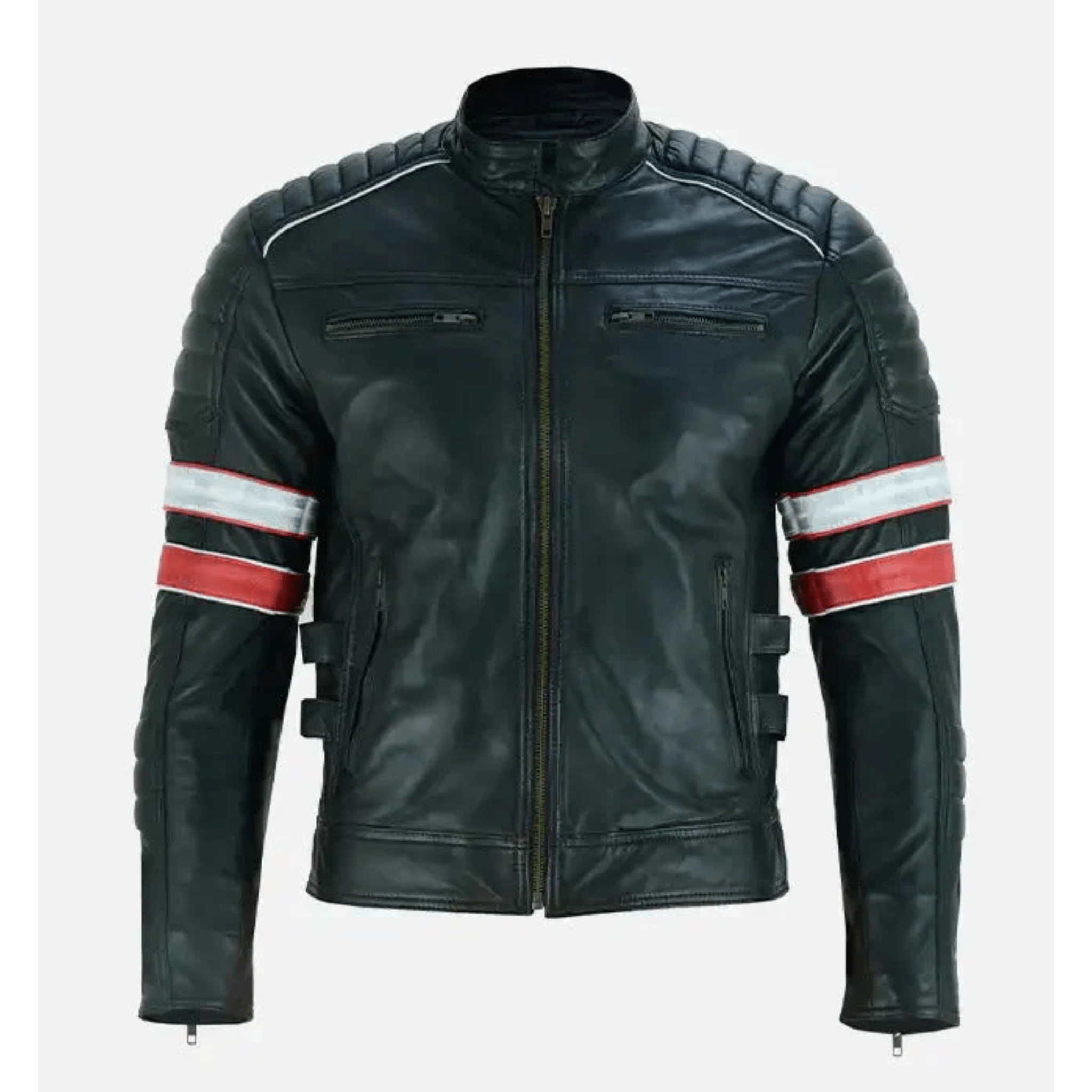 mens red white striped cafe racer leather jacket front view
