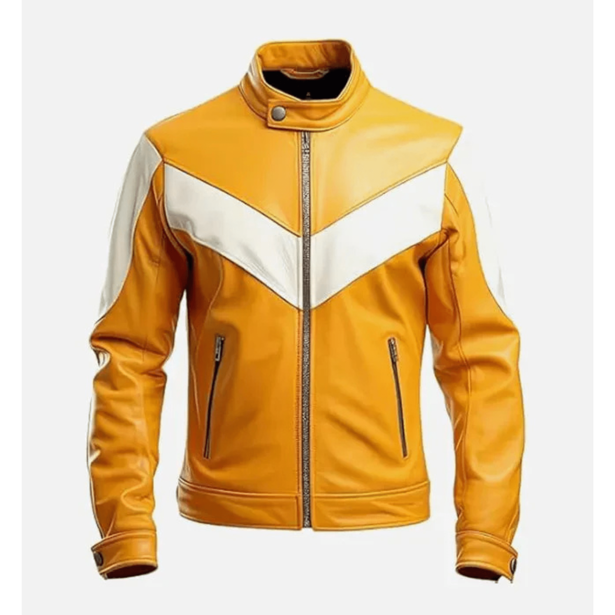 mens retro mustard cafe racer leather jacket slim fit front view with snap tab collar