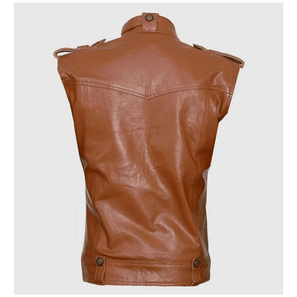 men’s tan leather biker vest back view clean biker design