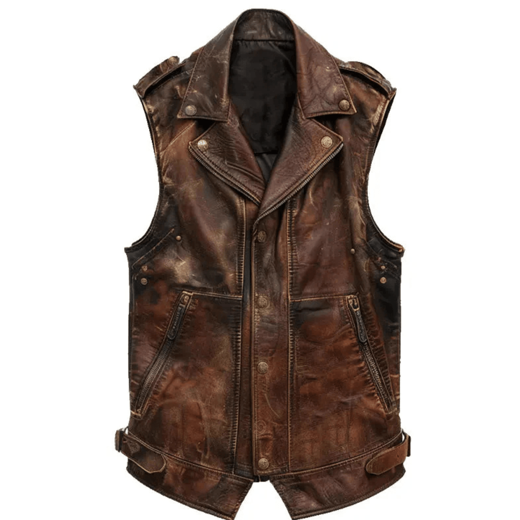 mens vintage distressed brown leather vest front view