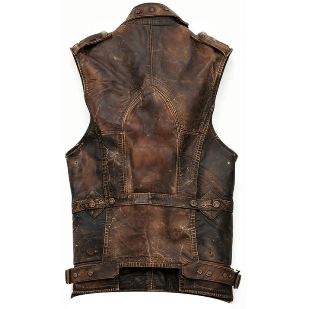 mens vintage distressed brown leather vest back view