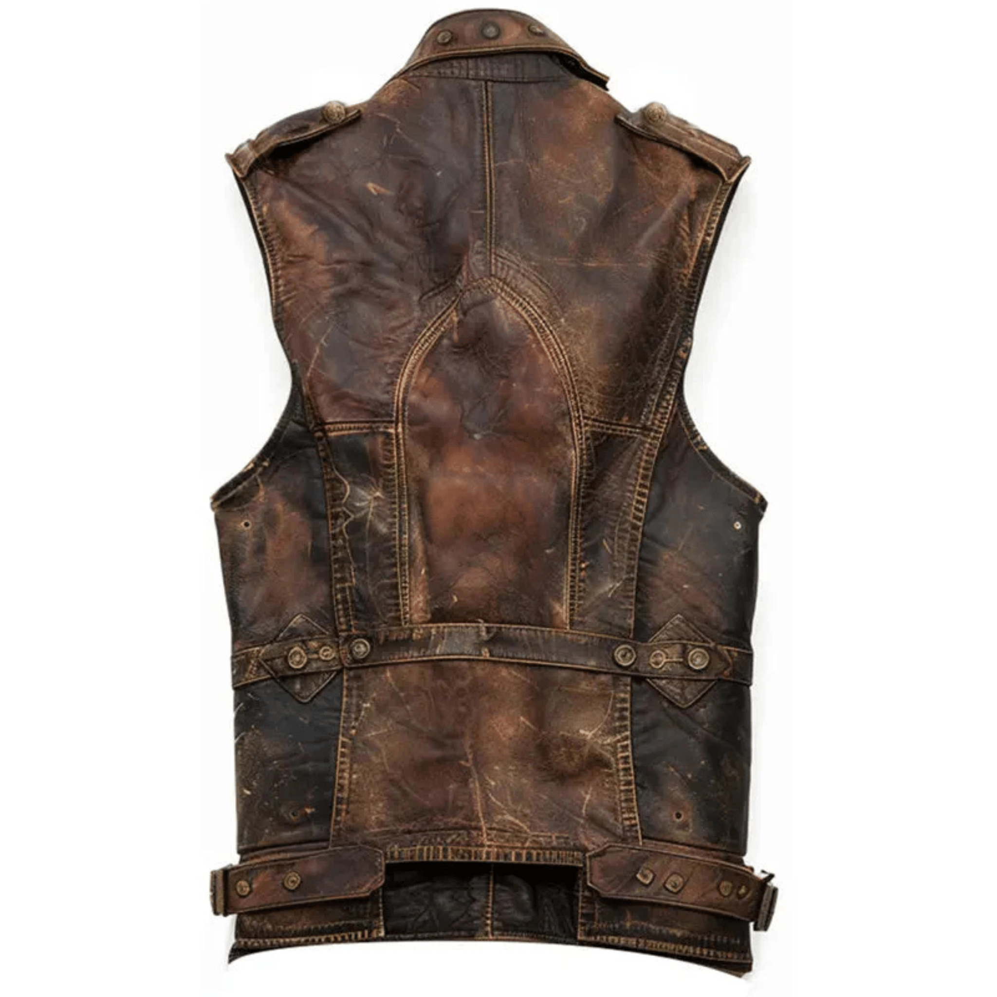 mens vintage distressed brown leather vest back view