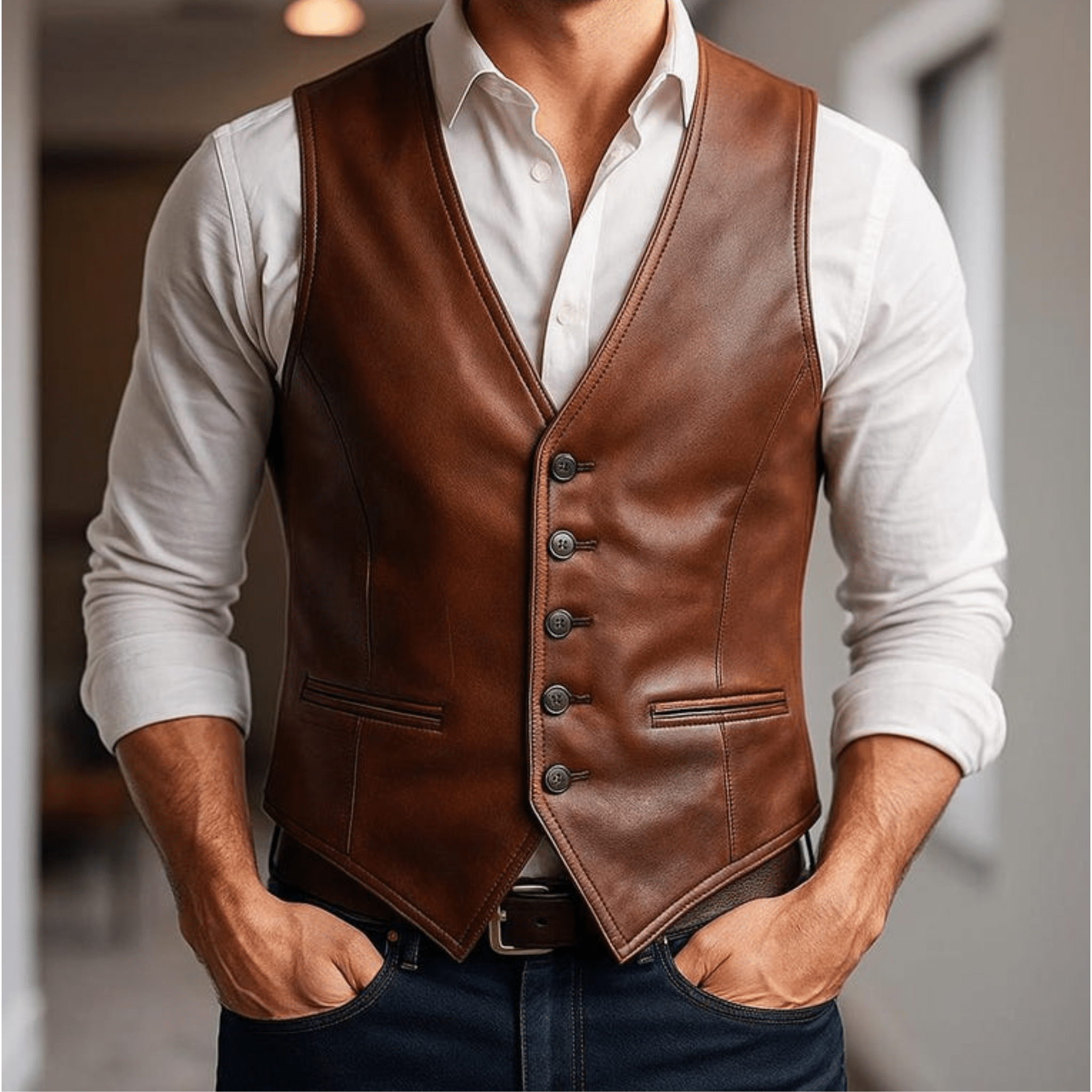 mens vintage western cowboy leather vest front view