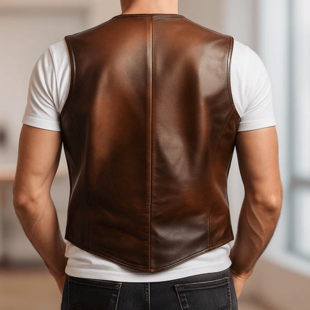 mens vintage western cowboy leather vest back view