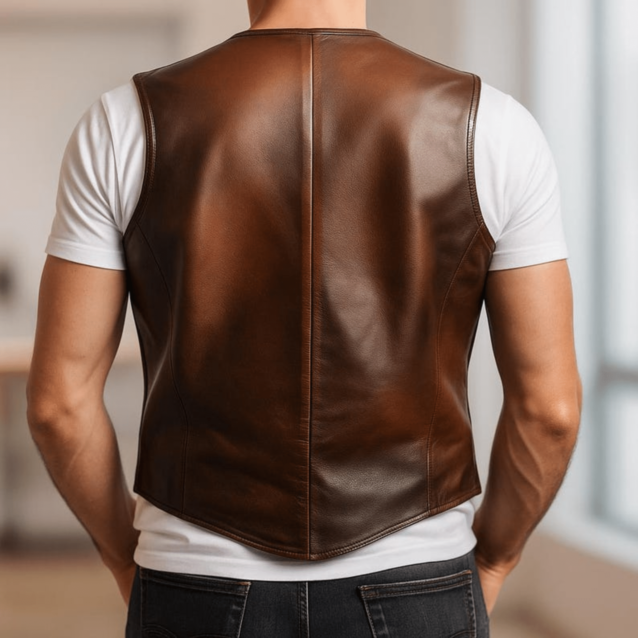 mens vintage western cowboy leather vest back view