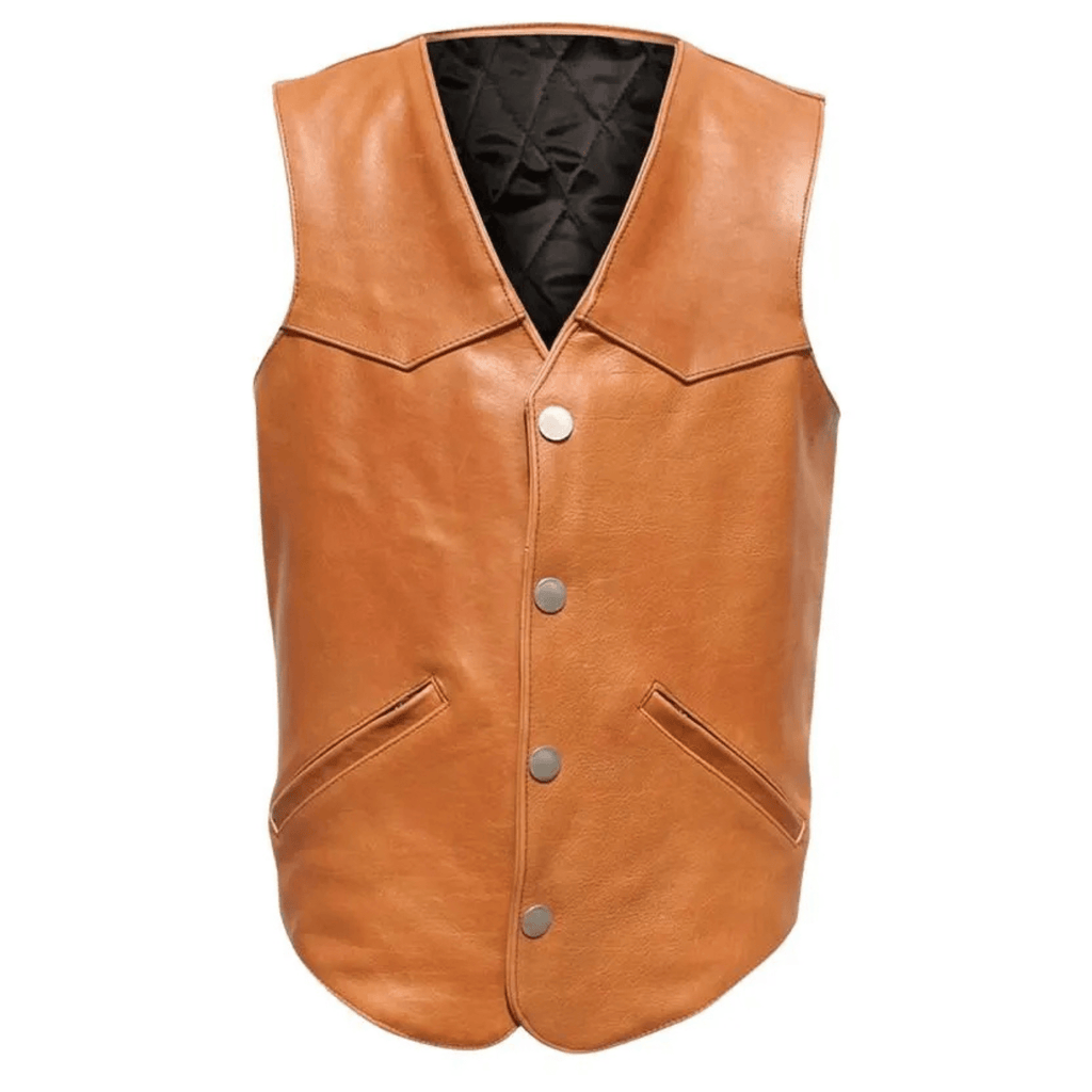 mens brown western leather vest front view sheepskin v neck design