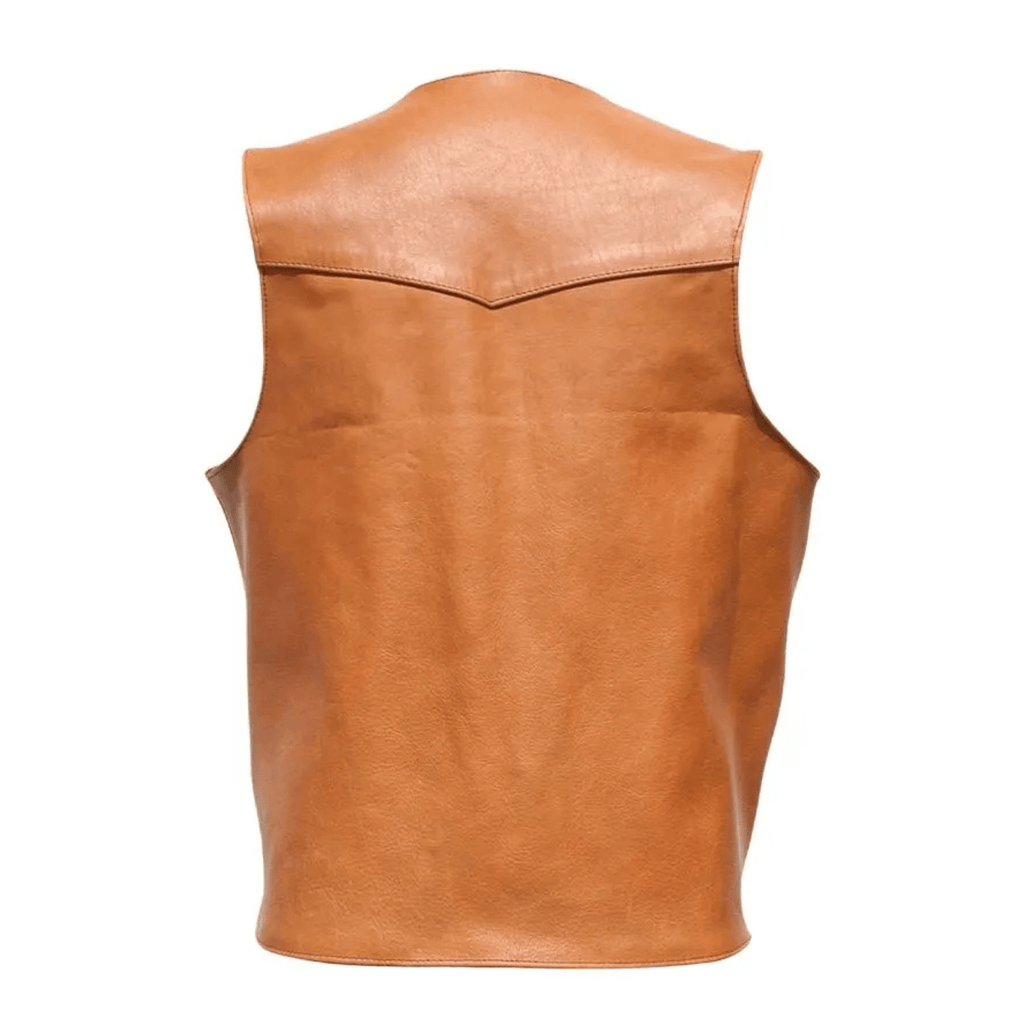 mens brown leather vest back view western style design