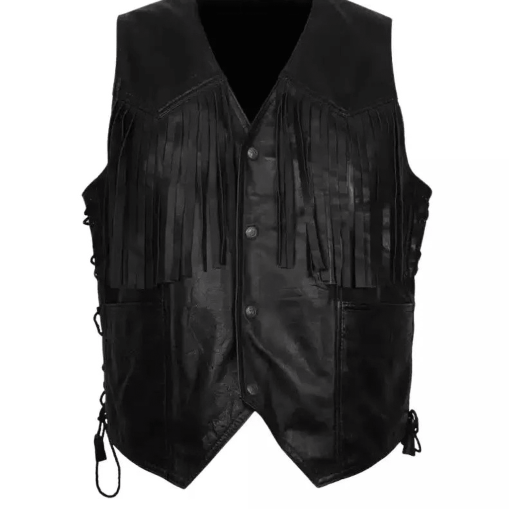mens western cowboy fringe leather vest front view