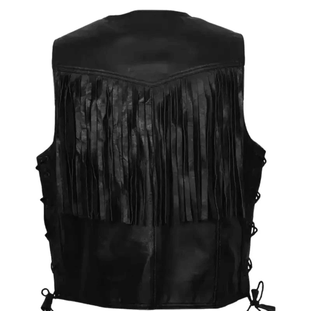 mens western cowboy fringe leather vest back view
