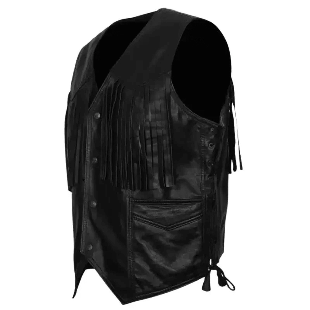 mens western cowboy fringe leather vest left side view