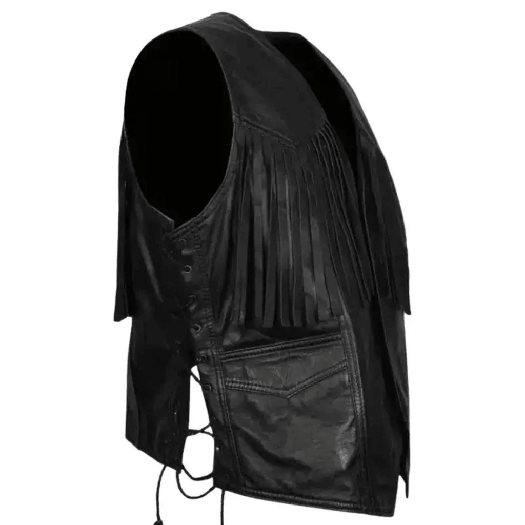 mens western cowboy fringe leather vest right side view